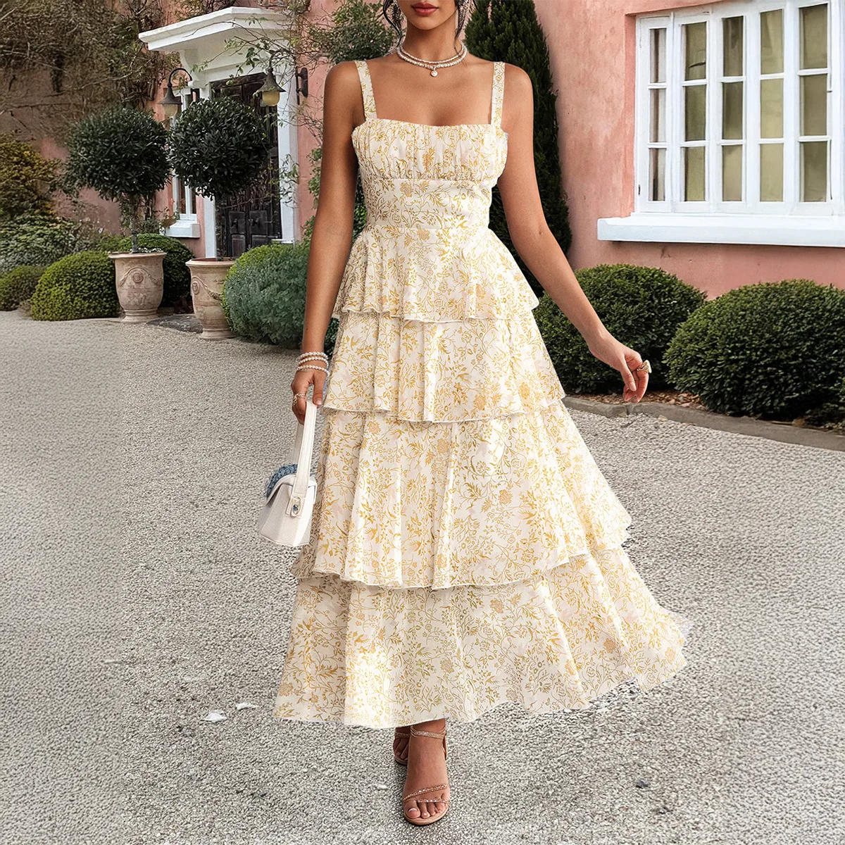 Primavera verão temperamento europeu e americano mori pequena fragrância floral contrastante chiffon suspender vestido roupas femininas