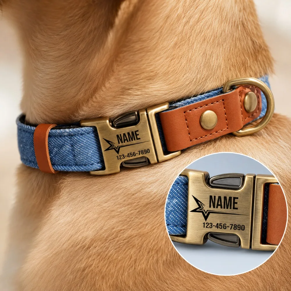 Vintage Denim Patchwork Personalized Dog Collar, Custom Metal Buckle Engravable ID Tag, Adjustable Breakaway Collar for Dogs