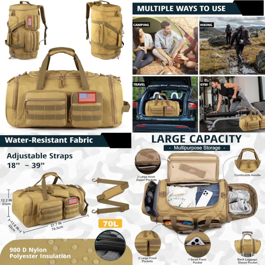 

Tactical Gym Bag for Men 70L 3 in 1 Sports Duffle Bag with Shoes Compartment for Travel, Water Resistant Travel Backpack Weeken