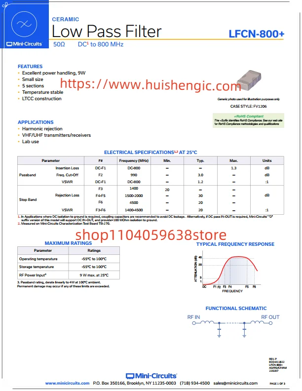    LFCN-800+   990MHz Low-pass Ceramic Filter 50 Ohms 4-SMD, Lead-free Original Stock