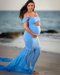 Maternity Chiffon Mermaid Gown Off Shoulder Dropped Sleeve Fitted Photo Shoot Photography Dress