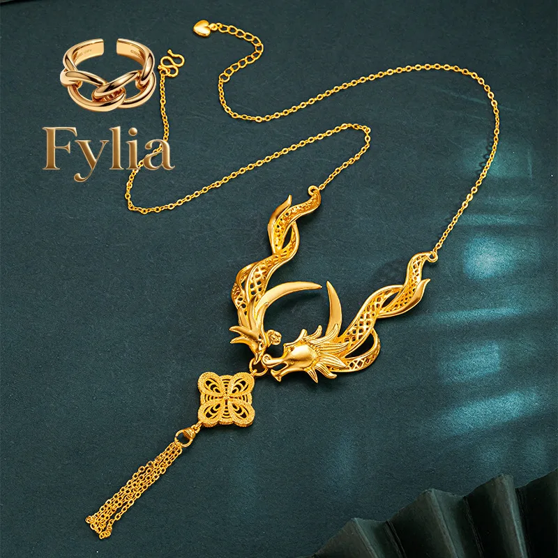 

Fylia Jewelry The 24K real dragon and phoenix auspicious of chains 9999 retro Chinese style high-end design fashionable