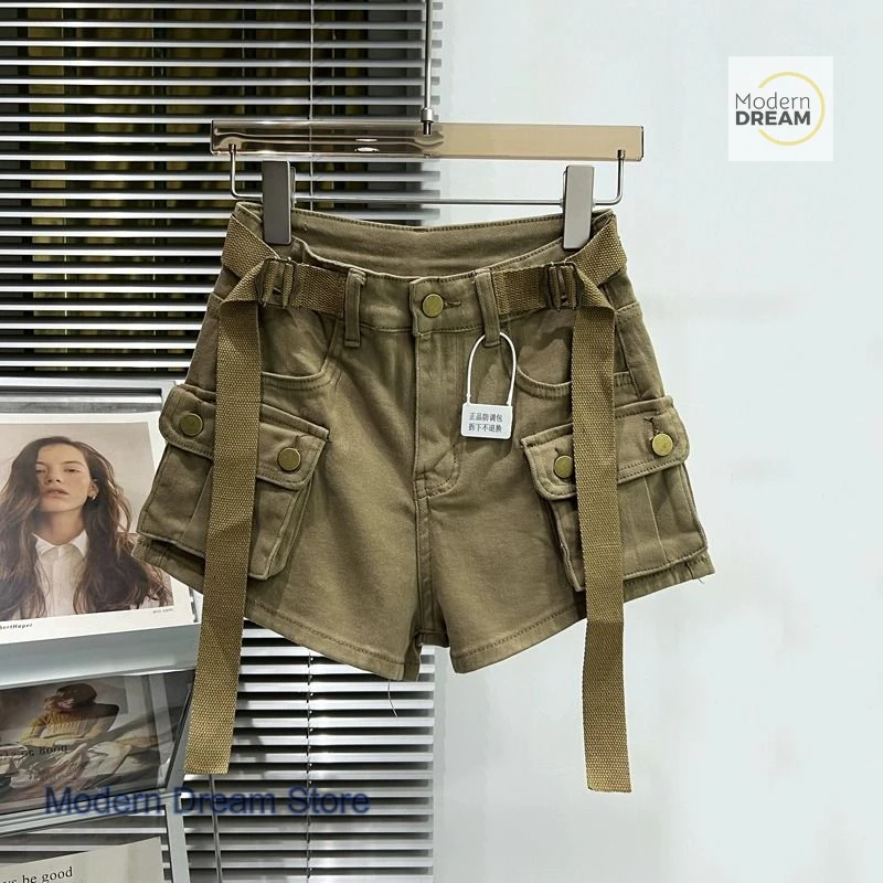 Korean-style big pocket casual wear denim shorts women's summer new fashion elastic slim high waist hot pants for spice girls.