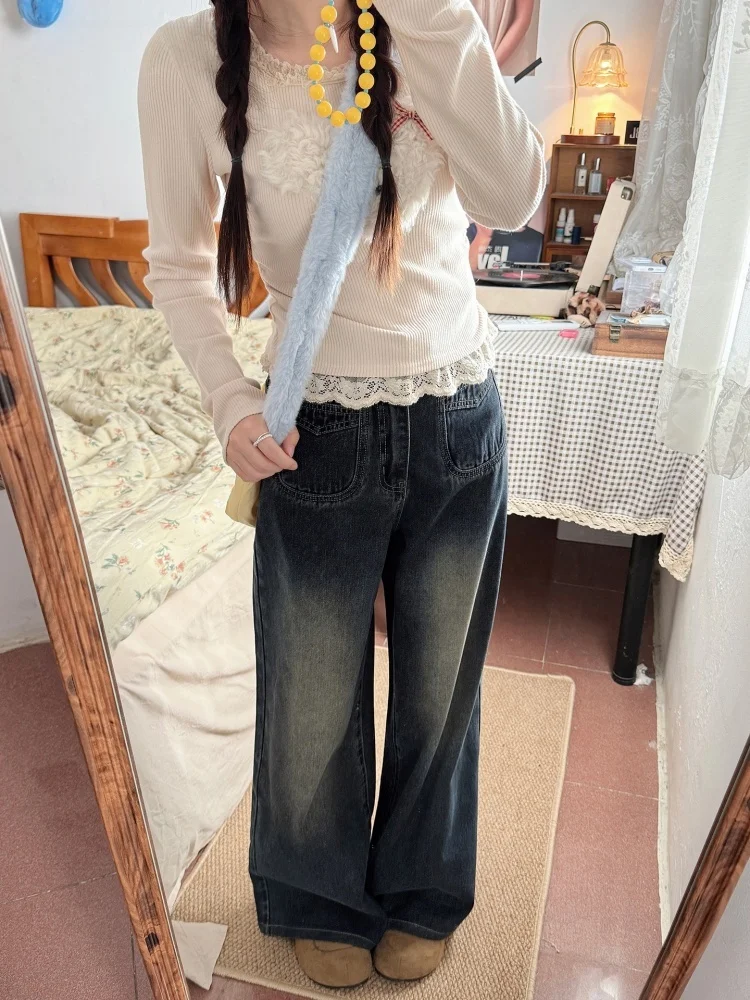 Vaqueros de pierna ancha con forro de Fce de cintura alta, pantalones vaqueros con corte en A para mujer, pantalones vaqueros de talla grande para otoño e invierno, adelgazantes para cuerpo de pera