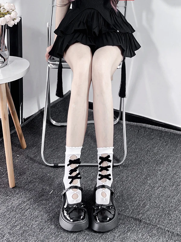 Black Socks For Women's Mid-Calf Socks Japanese Style JK Lolita Long Stockings Bowknot Slouch Hosiery Japanese New Hose Ladies