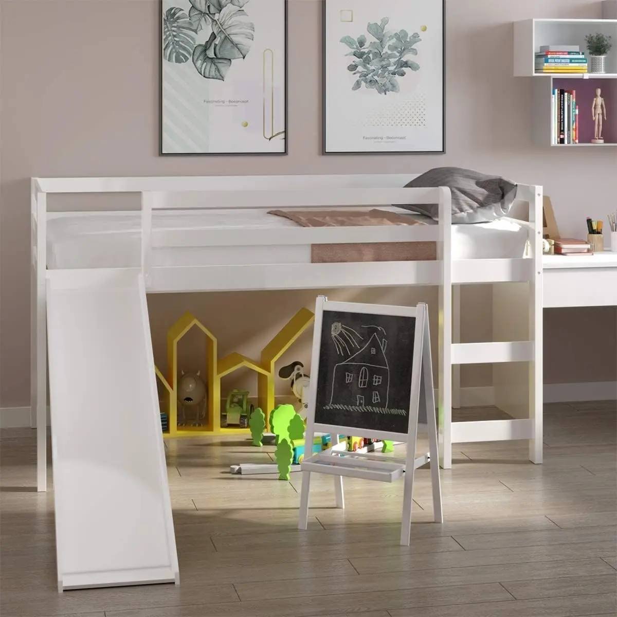 Twin Loft Bed with Slide, Low Loft Bed with Stairs, Solid Wood Twin Loft Bed Frame for Girls Boys with Climbing Ladders