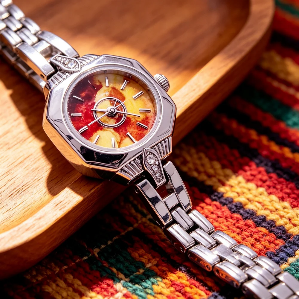 Octagon Ladies Quartz Watch Vintage Marble Dial Crystal Metal Bracelet Elegant Women Wristwatch Gold Silver