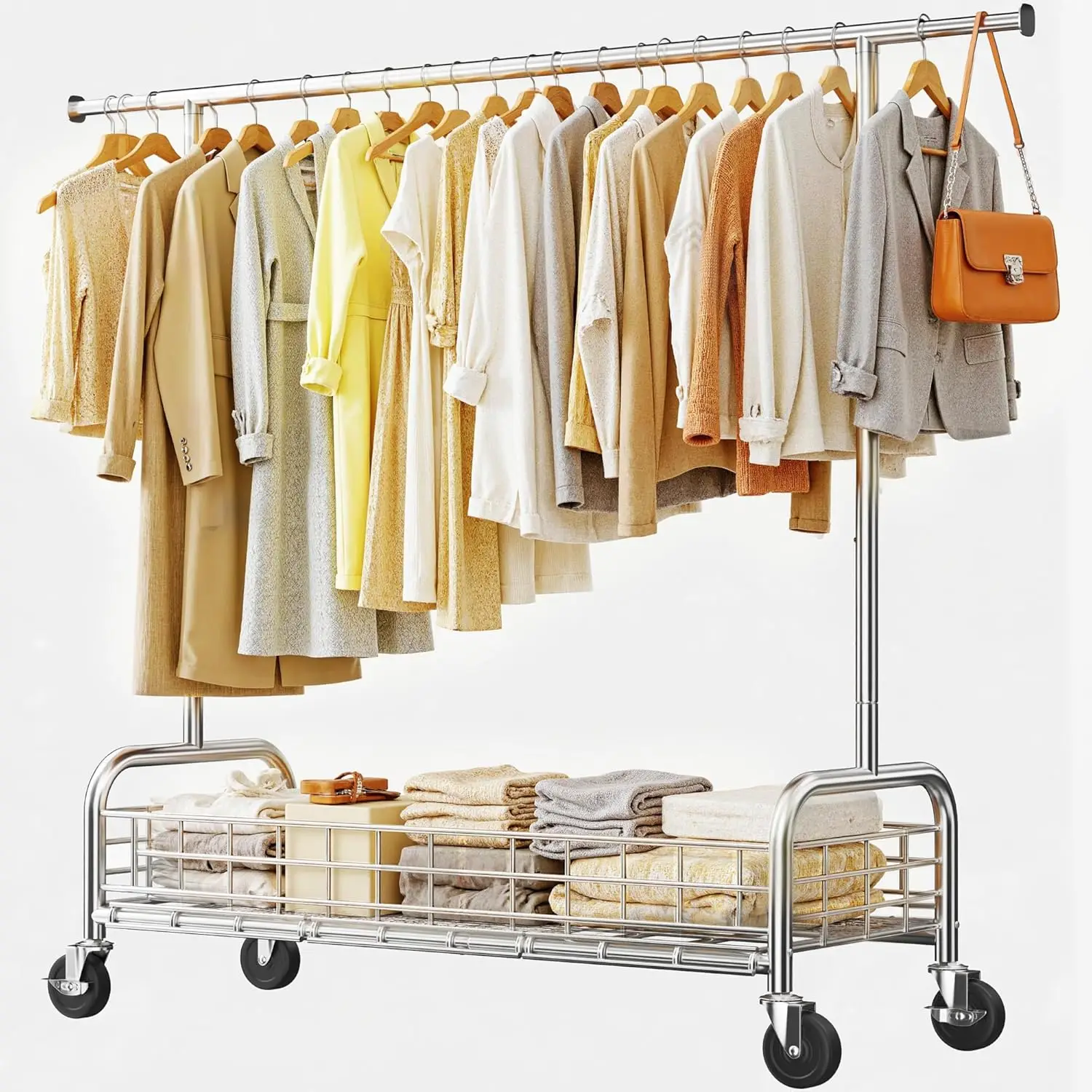

Heavy Duty Clothes Rack 485 LBS, Rolling Clothing Rack with Storage Basket and Sturdy Wheels, Clothing Racks for Hanging Clothes