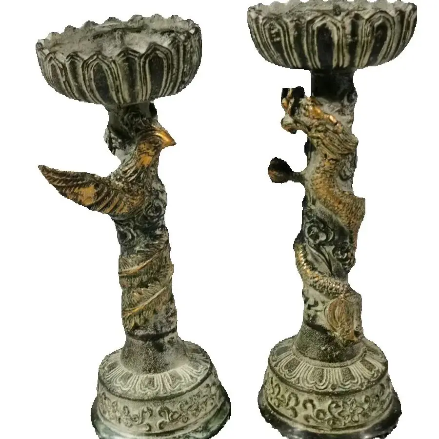 2 Pcs Home Decoration Talisman Bless Buddhism Candlestick Holder Candle Good Fortune Dragon Phoenix Signed Bottom Bronze