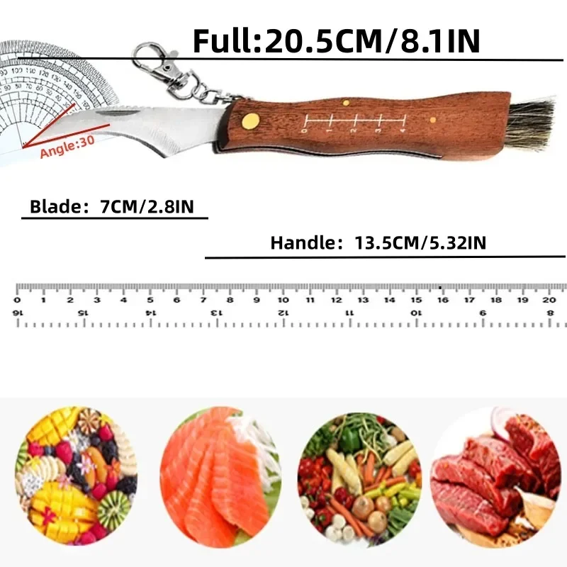 Stainless Steel Mushroom Knife with Brush Outdoor Camping Knife Folding Knife Wooden Handle Mini Mushroom Knife Pocket Knife