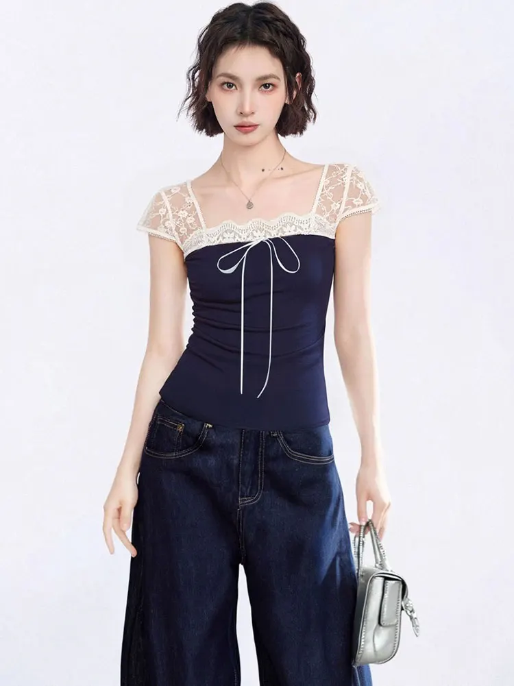 Sweet Lace Off Shoulder Summer Top Women Front Tied Casual Short Sleeve T Shirt Slim Fit Navy Blue Cropped Basic Tees