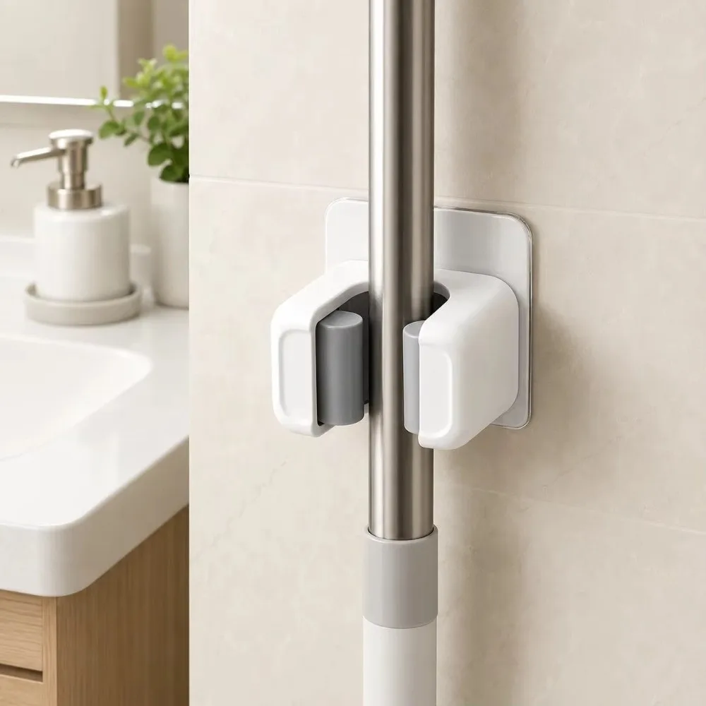 New No Drill Installation Mop Holder Hook Waterproof Strong Adhesive Mop Clip Wall Mounted Plastic Broom Holder Broom Storage