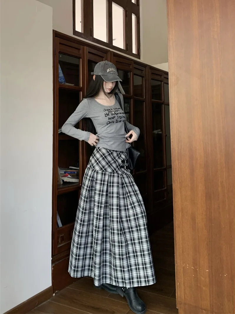 

High Waist A-Line Skirt Casual Cheered Pattern Women's Autumn 2025 Faion Contrast Color Blo Casual High Waist Skirt