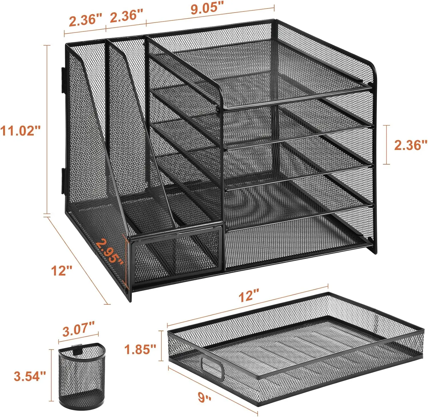 Desktop storage with file rack, 5-layer paper letter tray storage with drawers and 2 pen holders