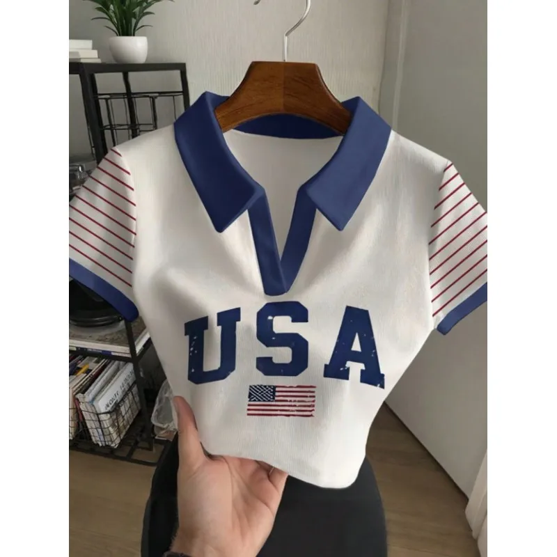 2026American Retro USA Digital print of national flag, slim fit, flattering for hot girlsWomen's Collared T-Shirt