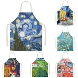 Oil painting landscape pattern children's sleeveless apron adult kitchen cooking baking linen bib home cleaning apron