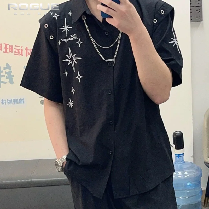Camisa de Verão Unissex com Estampa de Estrelas, Estilo Americano High Street, Harajuku Y2K, Top com Gola e Design de Corrente, Blusa Casual Streetwea