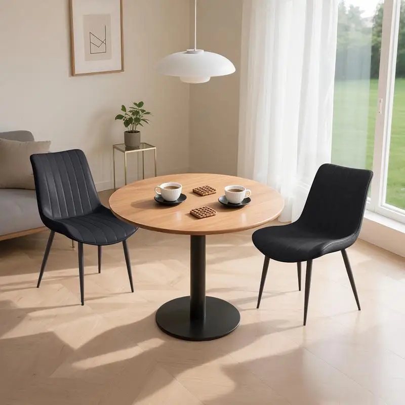 مجموعة من 4 كراسي طعام بدون ذراع من جلد البولي يوريثان الأسود مع أرجل معدنية ونمط مموج للمطبخ والمطاعم وغرفة المعيشة وغيرها #2