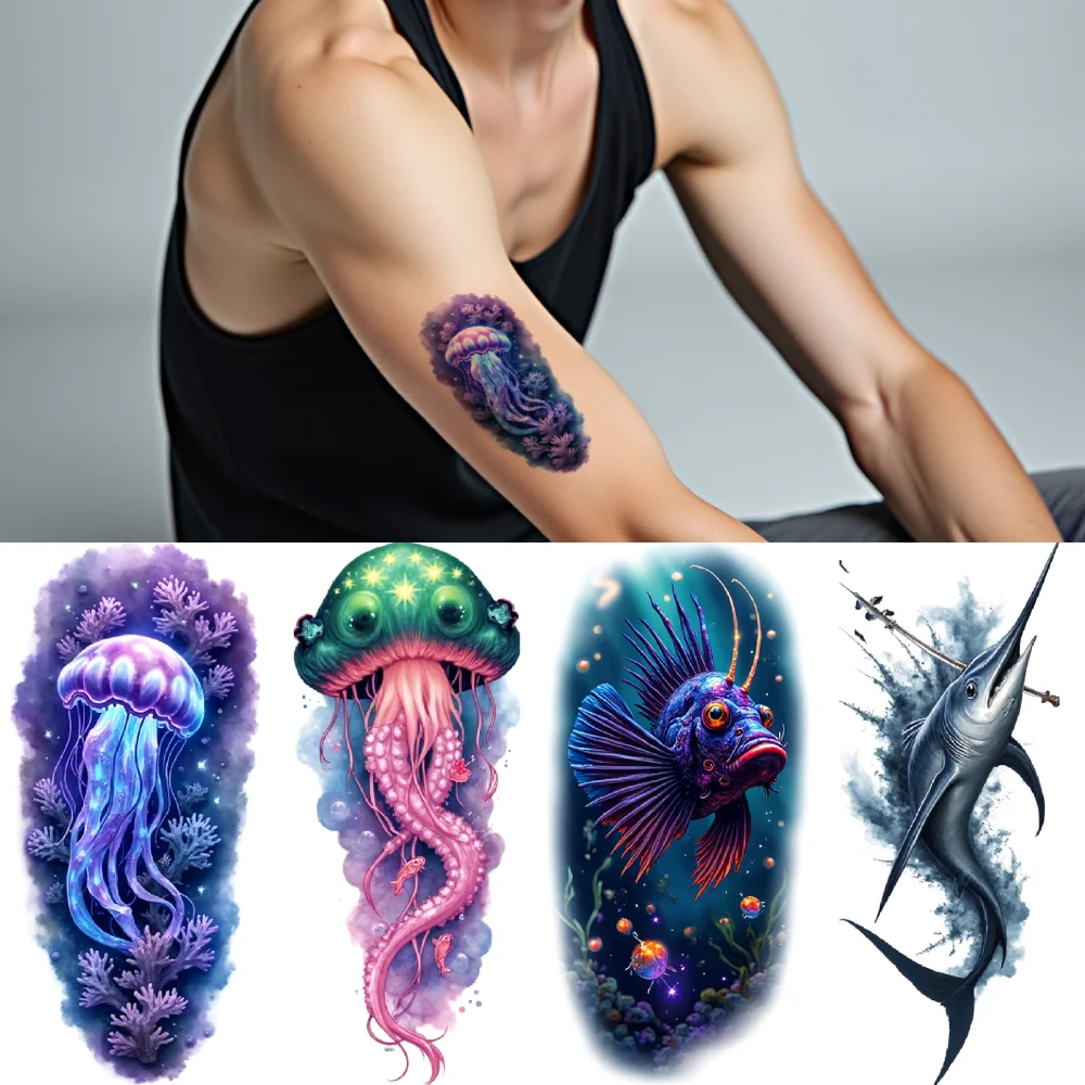 

12pcs Temporary Tattoo Waterproof Long-lasting Body Stickers Seahorse Swordfish Jellyfish For Back Adults Women