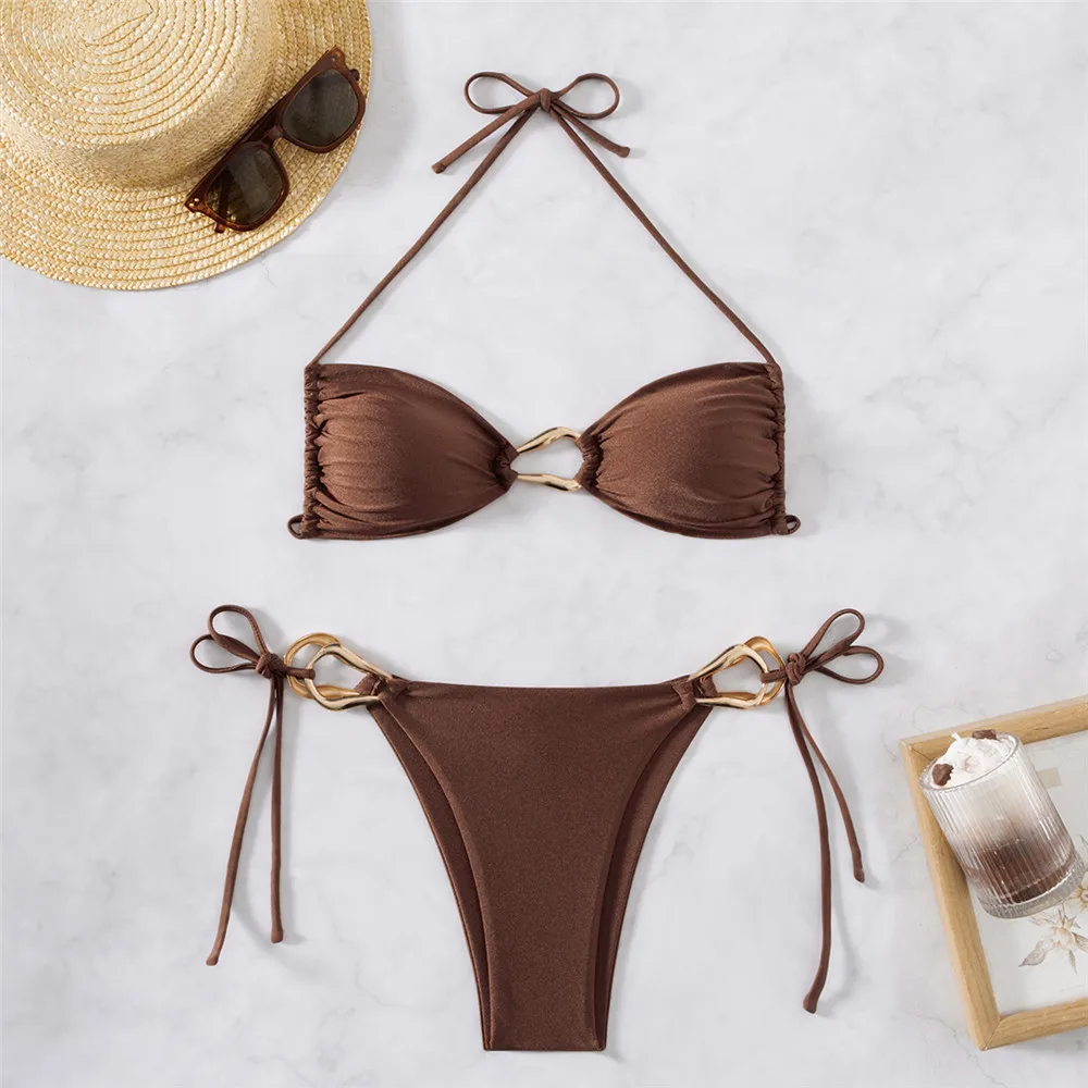 

Brown Shiny Halter String Micro Bikini Thong Sexy Swimsuit Women Metal Ring Swimwear 2025 Mini Biquini Bathing Suit Bikinis Sets
