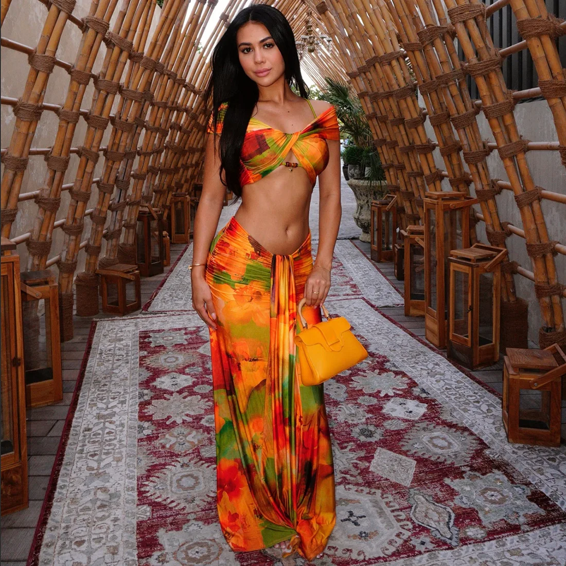 

2026 Fashion Printed Women Off Shoulder Bikini And Long Skirt Set Swimsuit Lady Sexy Swimwear Party Dresses Set Female Beachwear