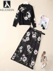 AELESEEN Women Runway Fashion Set Design New Black Autumn Winter Knitted Flower Embroidery Sweater+ Plaid Skirt High Quality Set