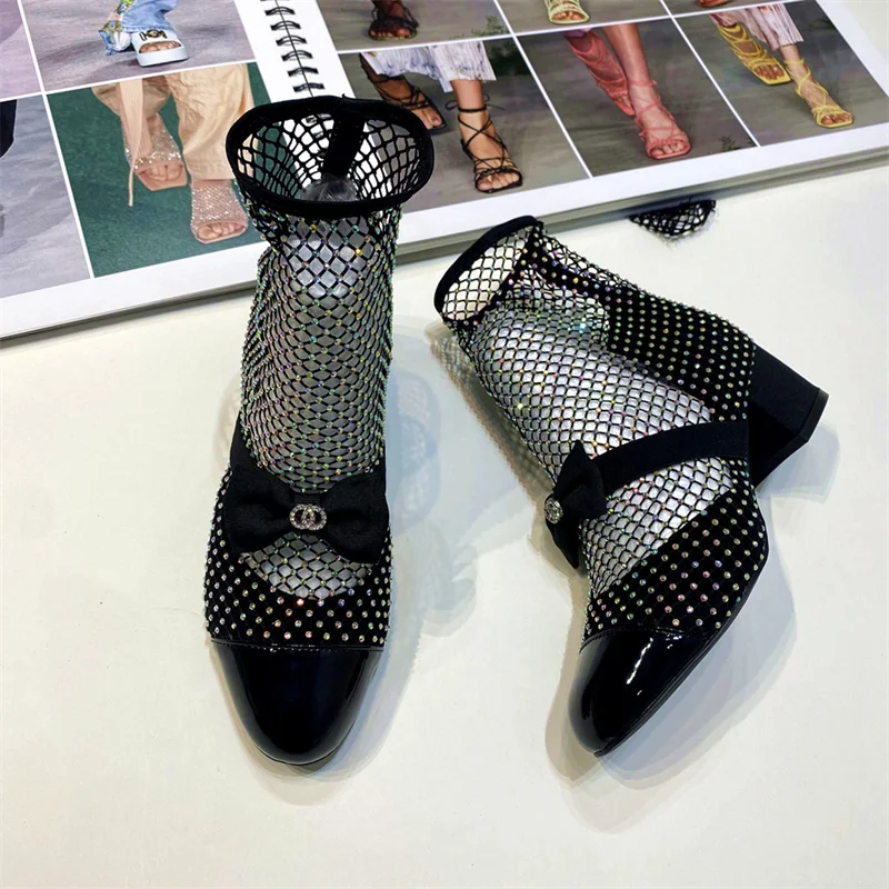 Wiosna Lato 2023new Rhinestone Bowkno Sexy Mesh Boots High Heels Small Fragrance Style Sandals Europe America Big Size 45 46