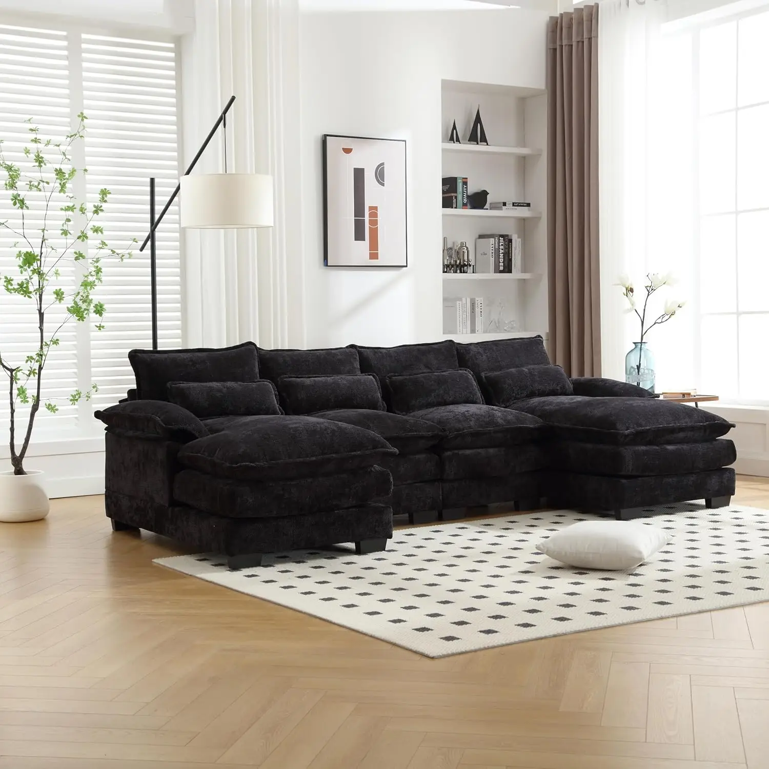 Comfy Sectional Cloud Couch for Living Room, Chenille U Shaped Modular Sofa with Double Chaise Lounge and Double Seating Cushion