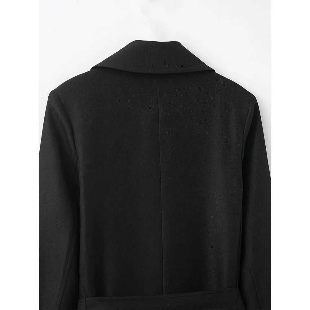 DUOPERI Fashion Wanita dengan Saku Sabuk Jaket Trench Hitam Kasual Kerah Lapel Lengan Panjang Wanita Elegan Chic Pakaian Wanita