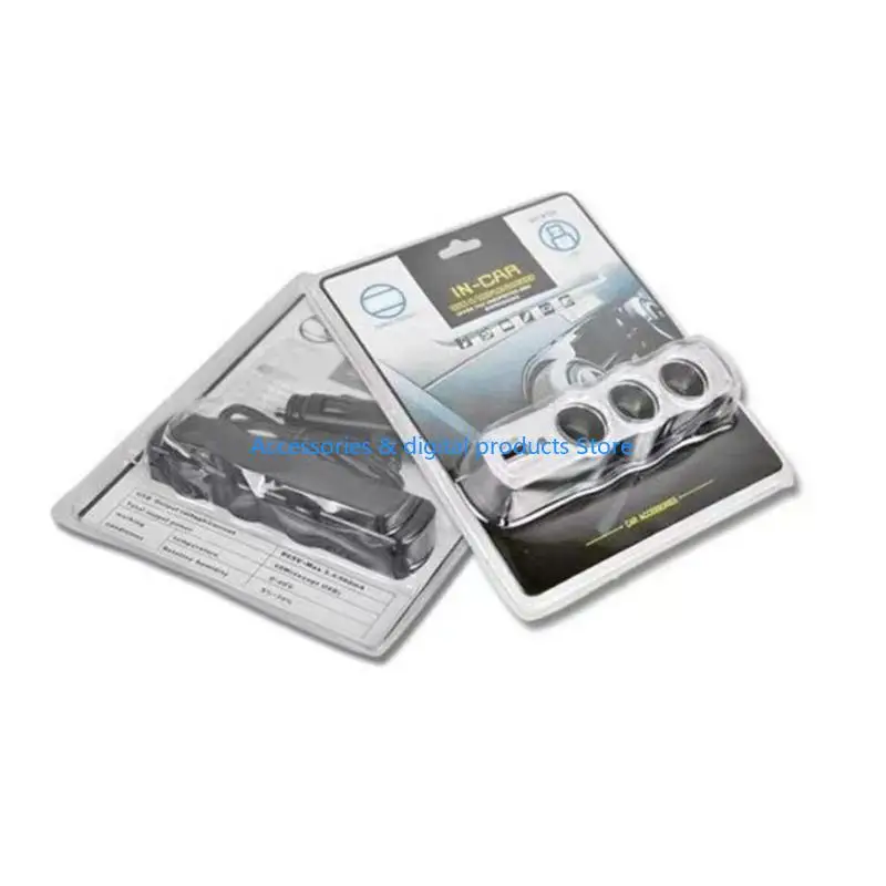 77JD ABS and Metal Construction Car Accessory Converting Single Cigarettes to 3 Outlets USB Power for Devices