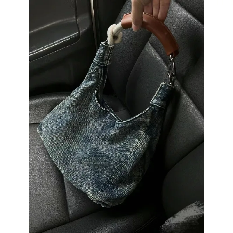 Versatile Retro Denim Tote Bag for Women New Senior Niche Shoulder Underarm Bag Casual Travel Y2k Girls Small Purses and Handbag