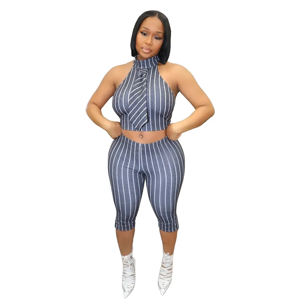 ชุดสตรีเสื้อกล้ามปกแขนกุดด้านบนพร้อมกางเกง 7 นิ้วกางเกงดินสอชุดสองชิ้นสําหรับฤดูร้อน 2025