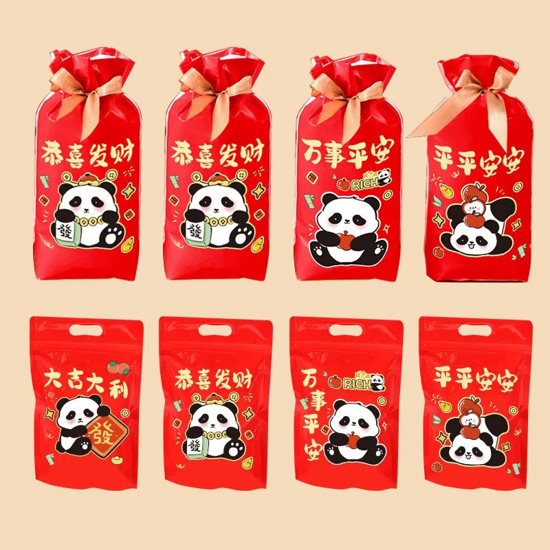 

50Pcs 2026 Chinese New Year Panda Printed Snowflake Crispy Candy Drawstring Nougat Bags Party Gift Packaging Supplies