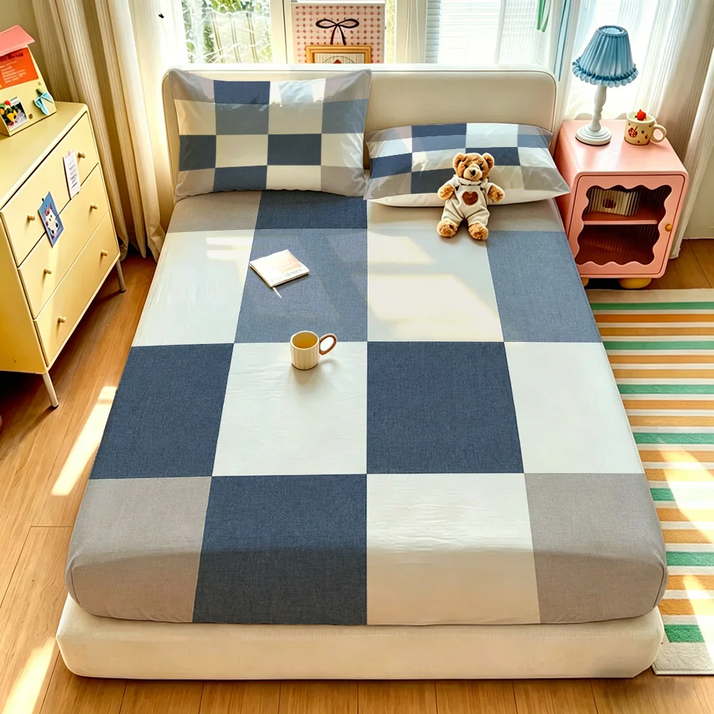 3PCS color-blocked plaid bedding set fitted sheet mattress coreless softening and decorating bedroom bedding arrangements