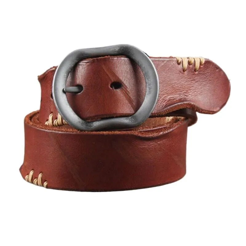A young man's belt with leather top layer and pure cowskin hand-stitched buttons