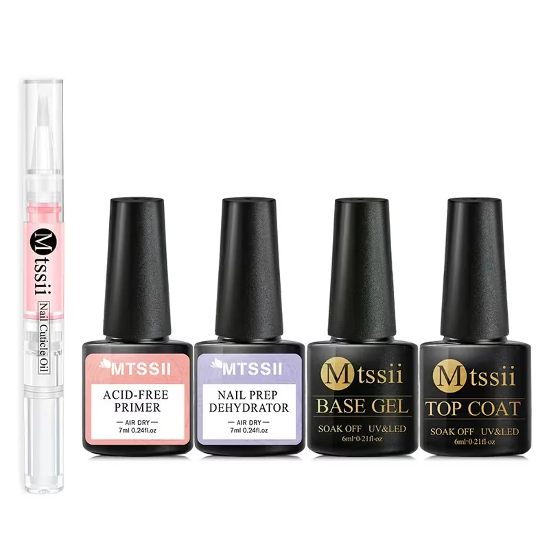 5PCS Nail Gel Set Complete Kit Primer Dehydrator Base Top Coat Cuticle Oil UV LED Soak Off Long Lasting Nail Art HEMA/TPO FREE
