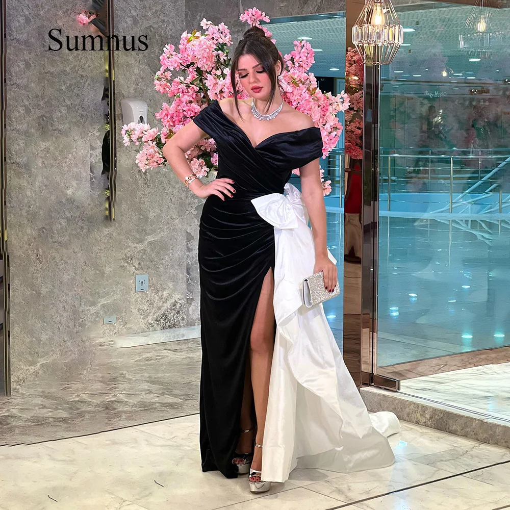 

Sumnus Black Off Shoulder Mermaid Evening Dresses Sexy Side Split Pleats Velvet Dubai Formal Event Party Gowns White Bow Train