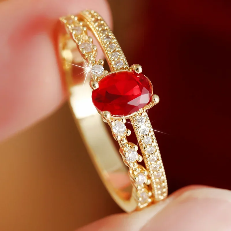 Women's Oval Red Synthetic Zircon Fine Ring Hollowed Out Design Double Row Ring Minimalist Elegant Banquet Jewelry