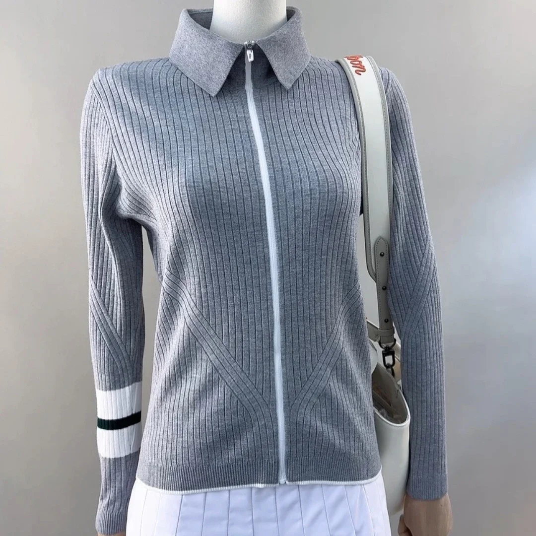 Women's Golf Knit Cardigan 2026 Fall New Original Korean Collared Slim Fit Quick-Dry Breathable Stretch Cotton Blend Soft Casual