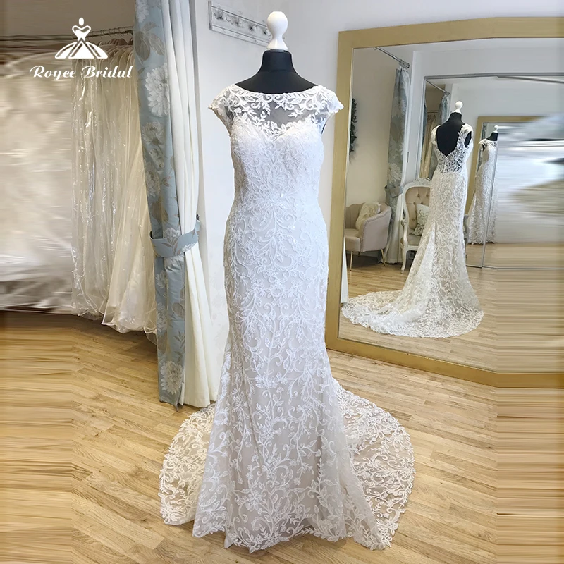 Sexy boho o-pescoço boné manga ilusão voltar botão apliques rendas sereia vestidos de casamento tule vestidos de noiva varrer robe de mariée