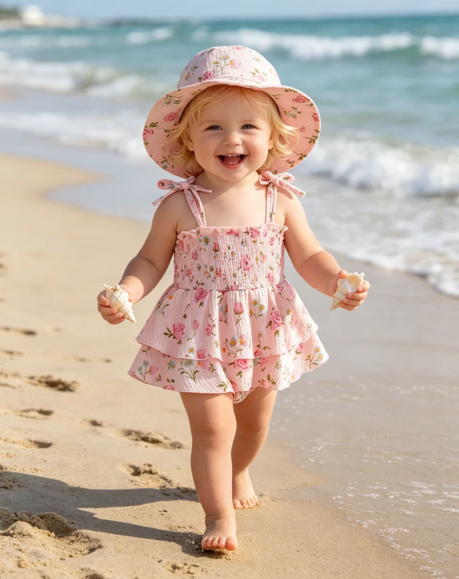 

0-2T Baby Girls Summer Sweet Floral Sling Romper Set 2Pcs Spaghetti Strap Ruffle Skirt Bodysuit with Matching Sun Hat Toddler Be