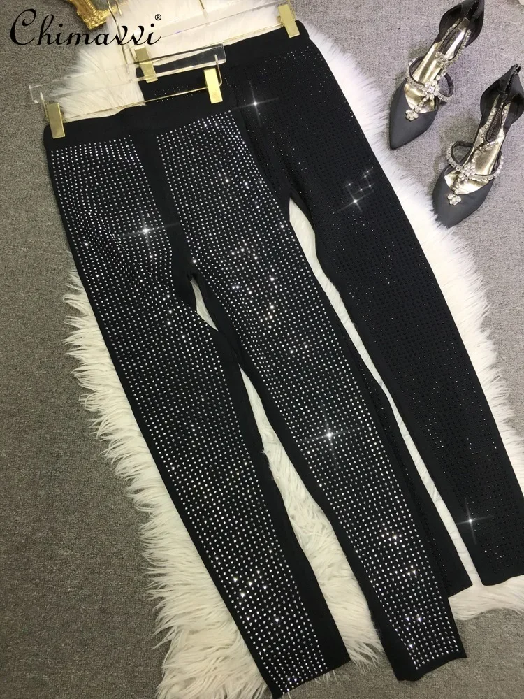 RapHot-Leggings européens en diamant pour femmes, pantalons taille haute, pantalons assiste noirs fins, taille élastique, mode automne et hiver