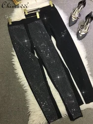 European Heavy Hot Diamond Leggings Women's Fashion High Waist Thin Black Tight Pants Elastic Waist Autumn and Winter Lady Pants