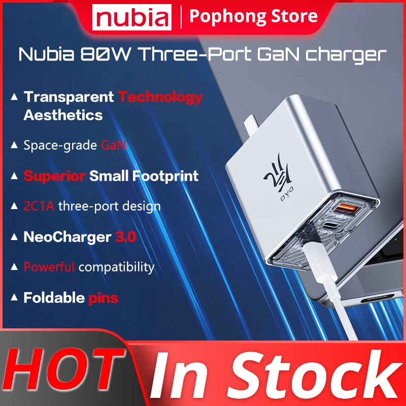 

Nubia Dao Feng Charger 80W suit Nubia 80W GaN Power Adapter Nubia GaN Pro 80W Triple-Ports Charger 100W Date Cable