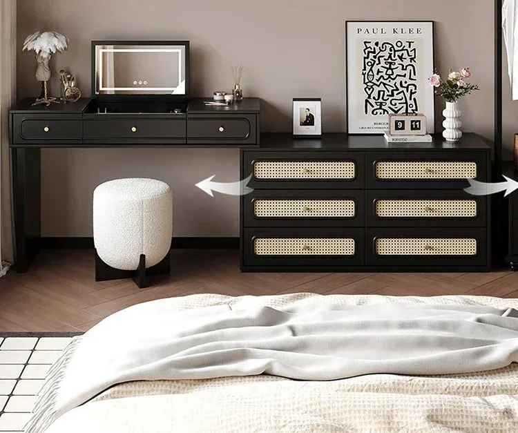 N17 Retro Style Rattan Dressing Table Chest of Six Drawers Integrated Wall Black Flip Dresser Mirror