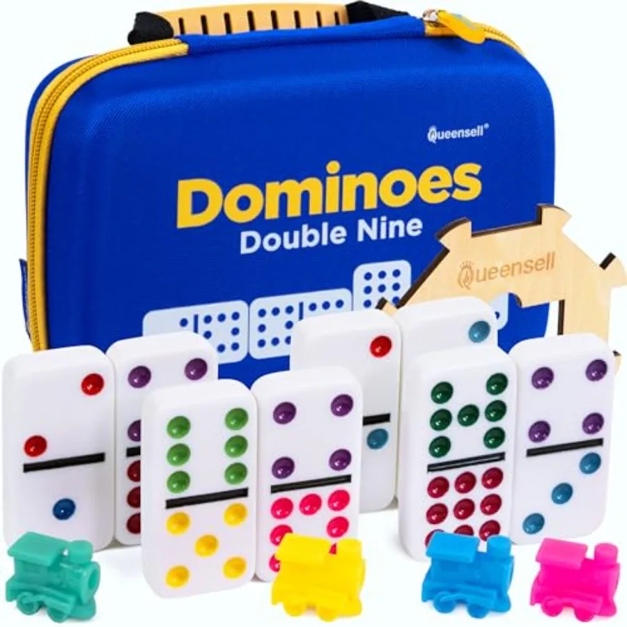 

Dominos Set for Adults and with ed Classic Dominoes Game Set with 55 Tiles, Wooden Hub, Trains and EVA Carrying Case