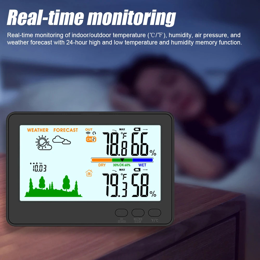 Indoor Outdoor Thermometer Hygrometer 433MHz Wireless Weather Station LCD Backlit Temperature Humidity Monitor with 328ft/100m R