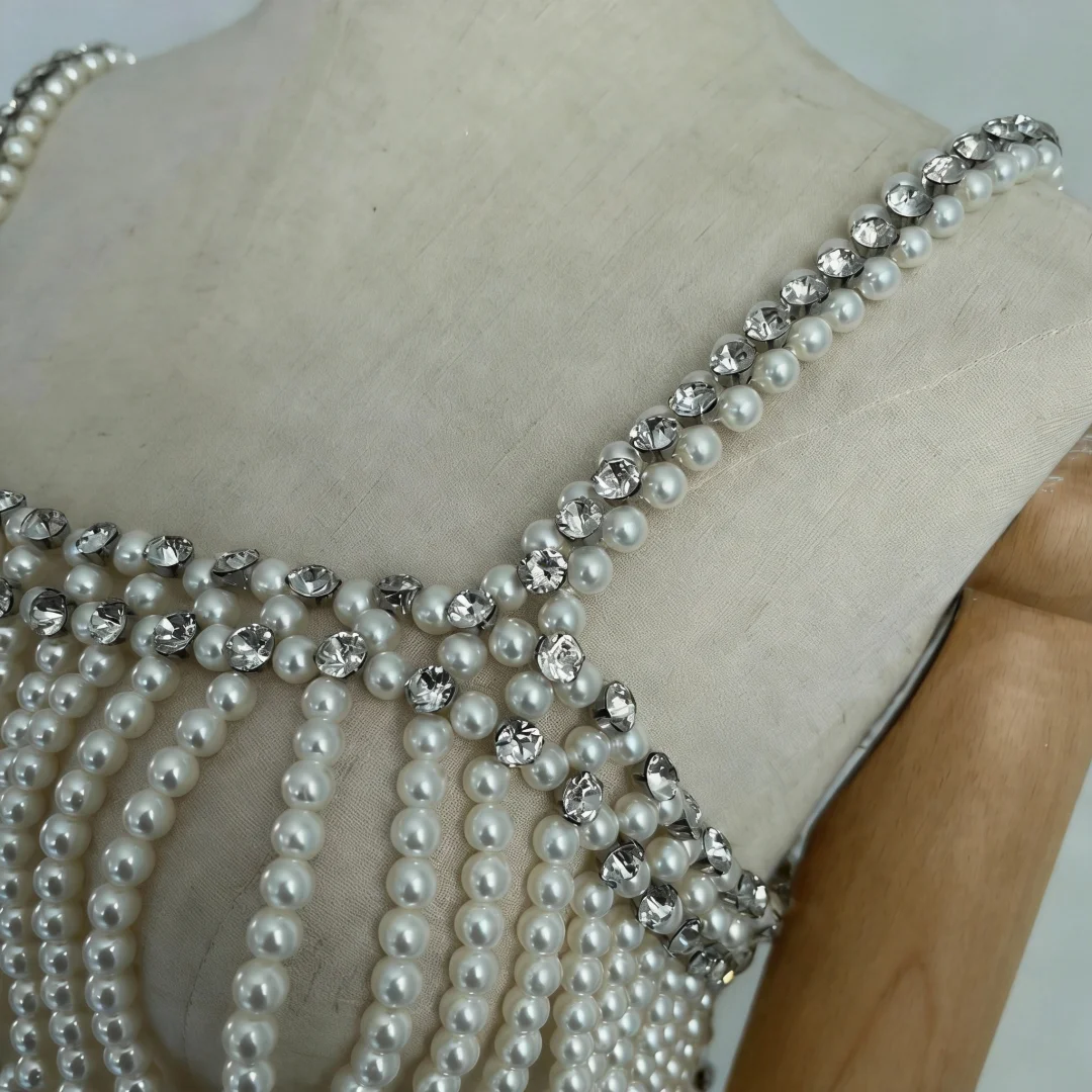Handmade Pearl Shawl Top Women Fashion Beaded Pearl Beading Tops Ladies Diamond Cape Smock Outwear Woman Celebrity Covery Top - view 6