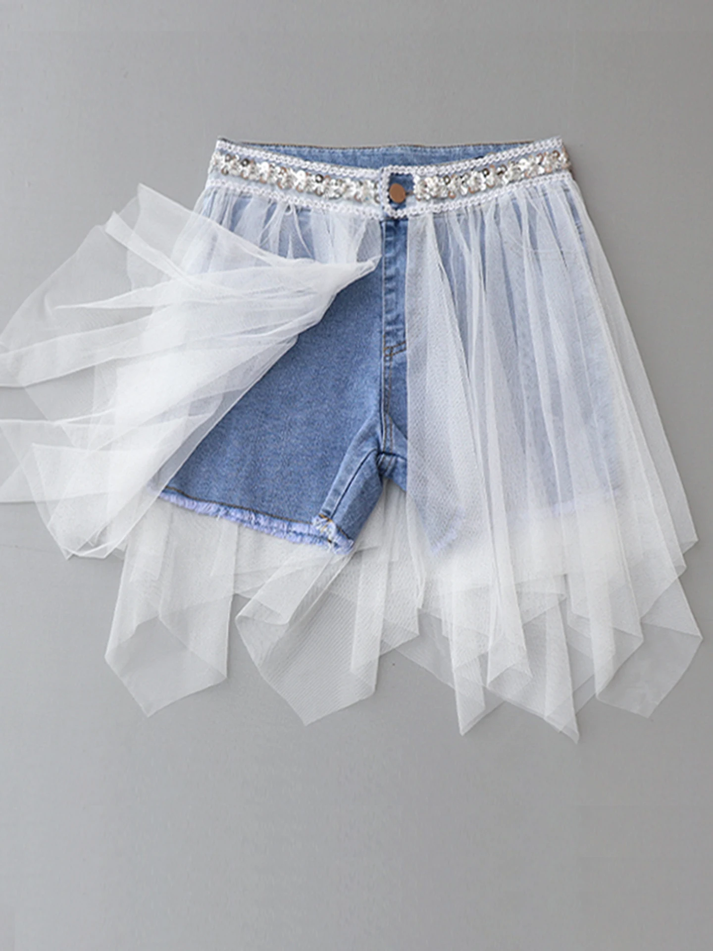 Fairytale Half Skirt High Waist Asymmetrical Denim Mesh Splicing Short Pants Fake Two-Piece Pants Skirt for Young Women