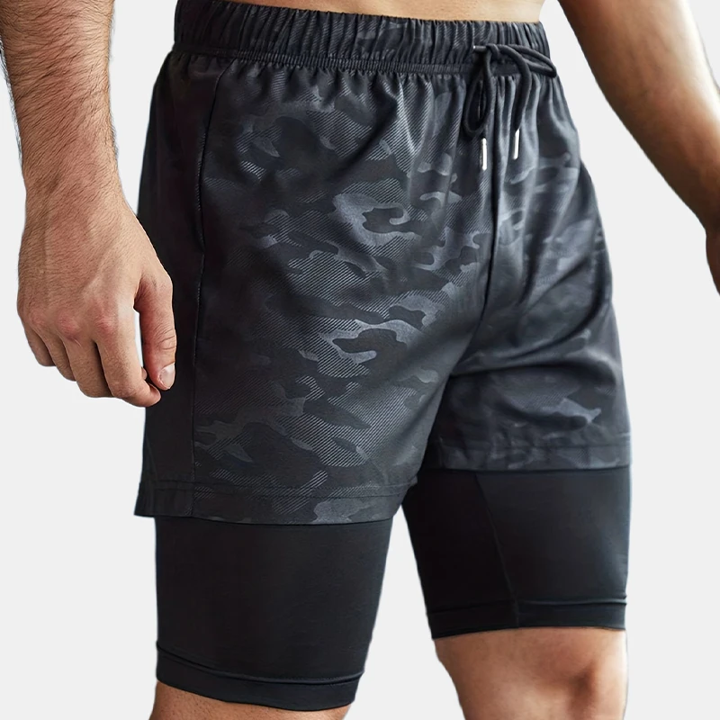 Shorts de corrida casual solto de secagem rápida masculino, esportes ao ar livre, jogging, treino, ginásio, verão, fitness fashion, 2 em 1